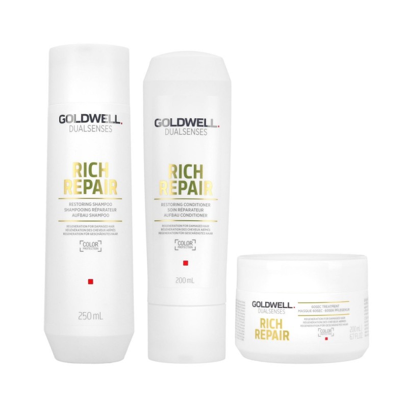 GOLDWELL Dualsenses Rich Repair Restoring Shampoo 250ml + Conditioner 200ml + 60Sec Treatment 200ml Set