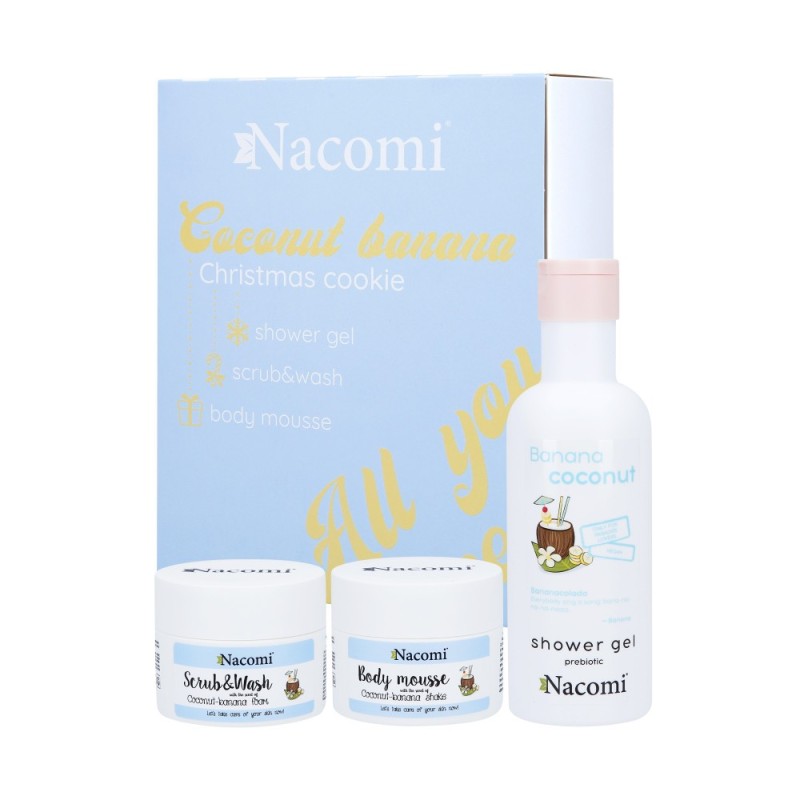 NACOMI COCONUT-BANANA CHRISTMAS CAKE Coconut and banana body care set: Shower gel 300ml, mousse 50ml, foam 50ml